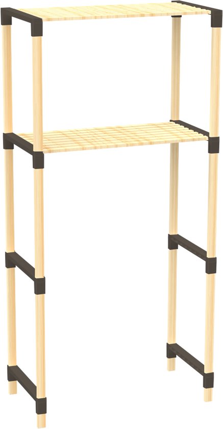 Fixwood 2-Laags Wasmachine Rek – Zwart – Houten Opbergrek voor Wasmachine – Ruimtebesparend Badkamerrek 127 cm – Beukenlook – 33x66x127 cm