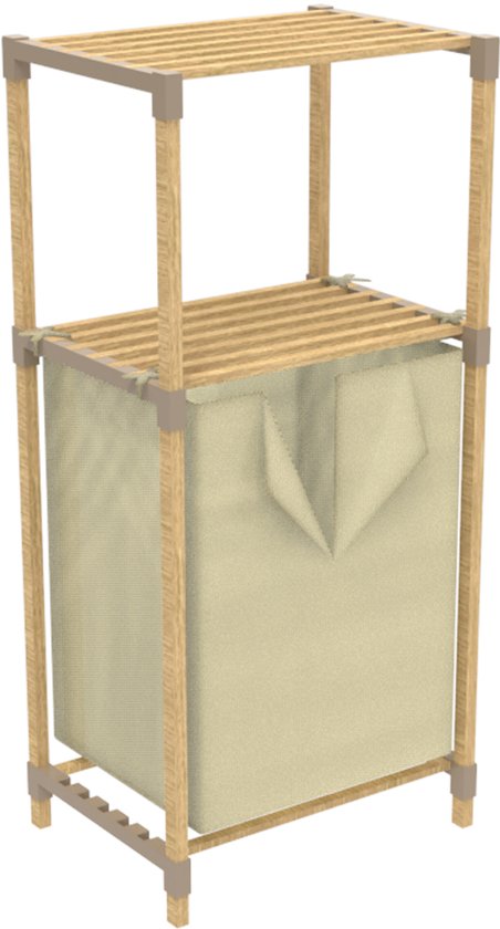 Fixwood Houten 2-Laags Wasmand met Opbergmand – Stijlvol, Duurzaam & Praktisch – 95×40×30 cm – Beige/Naturel