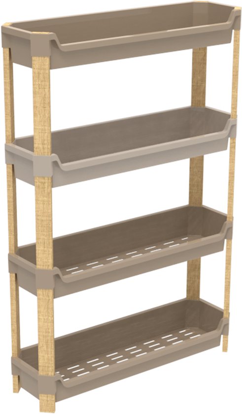 Fixwood Modulaire Opbergkast – 4-Laags Houten Rek met Kunststof Bakken – Badkamer, Keuken & Woonkamer – Duurzaam en Stijlvol Design – 68 cm Hoog – Beige / Naturel