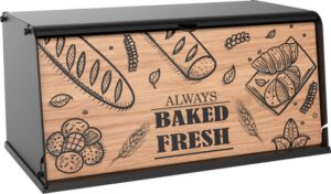 Fixwood Broodtrommel met Houten Klep – Luxe Brooddoos van Kunststof en Hout – Stijlvol & Ruimtebesparend – Houdt Brood Langer Vers – Zwart/Hout Design