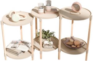 Fixwood 2-Laags Plantenstandaard Set van 3 – Massief Hout & Kunststof – Modern Bloemenrek – Plantenhouder Binnen – Scandinavisch Design – Beige – 2-Tier Plant Stand