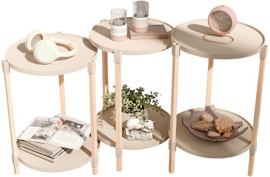 Fixwood 2-Laags Plantenstandaard Set van 3 – Massief Hout & Kunststof – Modern Bloemenrek – Plantenhouder Binnen – Scandinavisch Design – Beige – 2-Tier Plant Stand