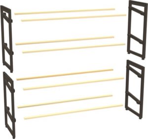 FixWood Houten Schoenenrek – 2-in-1 Stapelbaar Schoenenrek – 2 of 4 Lagen – Compact, Duurzaam en Stijlvol – Zwart/Hout – 65x26x52 cm