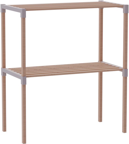 Fixwood 2-laags Ovenrek – Keukenrek van Hout en Kunststof – Magnetron Rek – 58x34x63 cm – Multifunctioneel Opslagrek – Extra Werk- & Opbergruimte