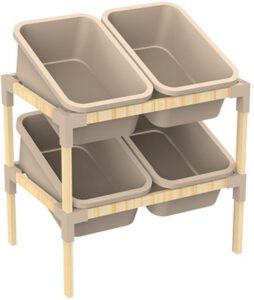Fixwood 2-laags Opbergrek met 4 Uitneembare Boxen – Speelgoed Organizer / Keukenrek / Multi-functioneel Opbergmeubel – 55 x 39 x 62 cm – Hout & Kunststof