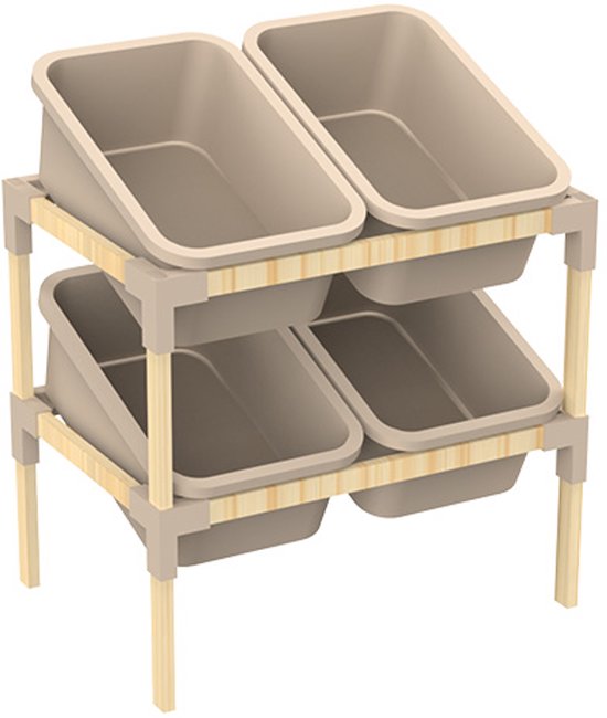 Fixwood 2-laags Opbergrek met 4 Uitneembare Boxen – Speelgoed Organizer / Keukenrek / Multi-functioneel Opbergmeubel – 55 x 39 x 62 cm – Hout & Kunststof