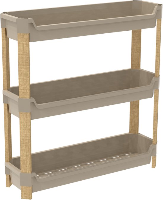 Fixwood 3-laags Modulair Opbergrek – Natuurlijke Houtlook & Crèmekleur – Badkamerrek, Keukenrek of Plantenrek – Stevig & Stapelbaar – 60x20x70 cm